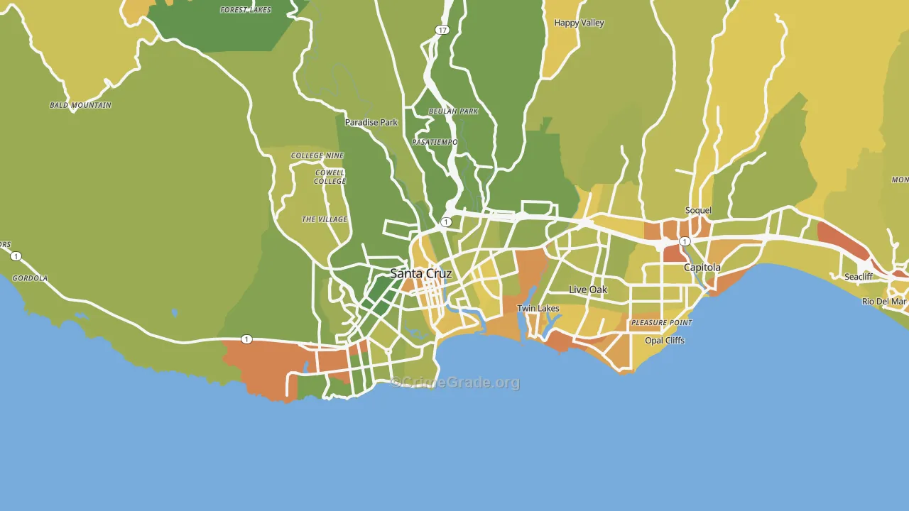 Santa Cruz, CA Map of Vehicle Theft Rates