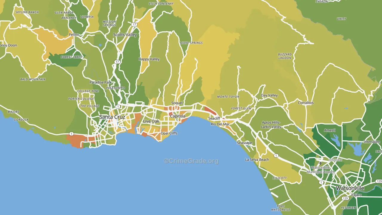 Santa Cruz County, CA Map of Vehicle Theft Rates