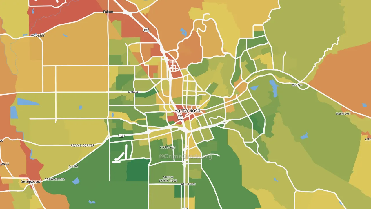 Santa Rosa, CA Map of Vehicle Theft Rates