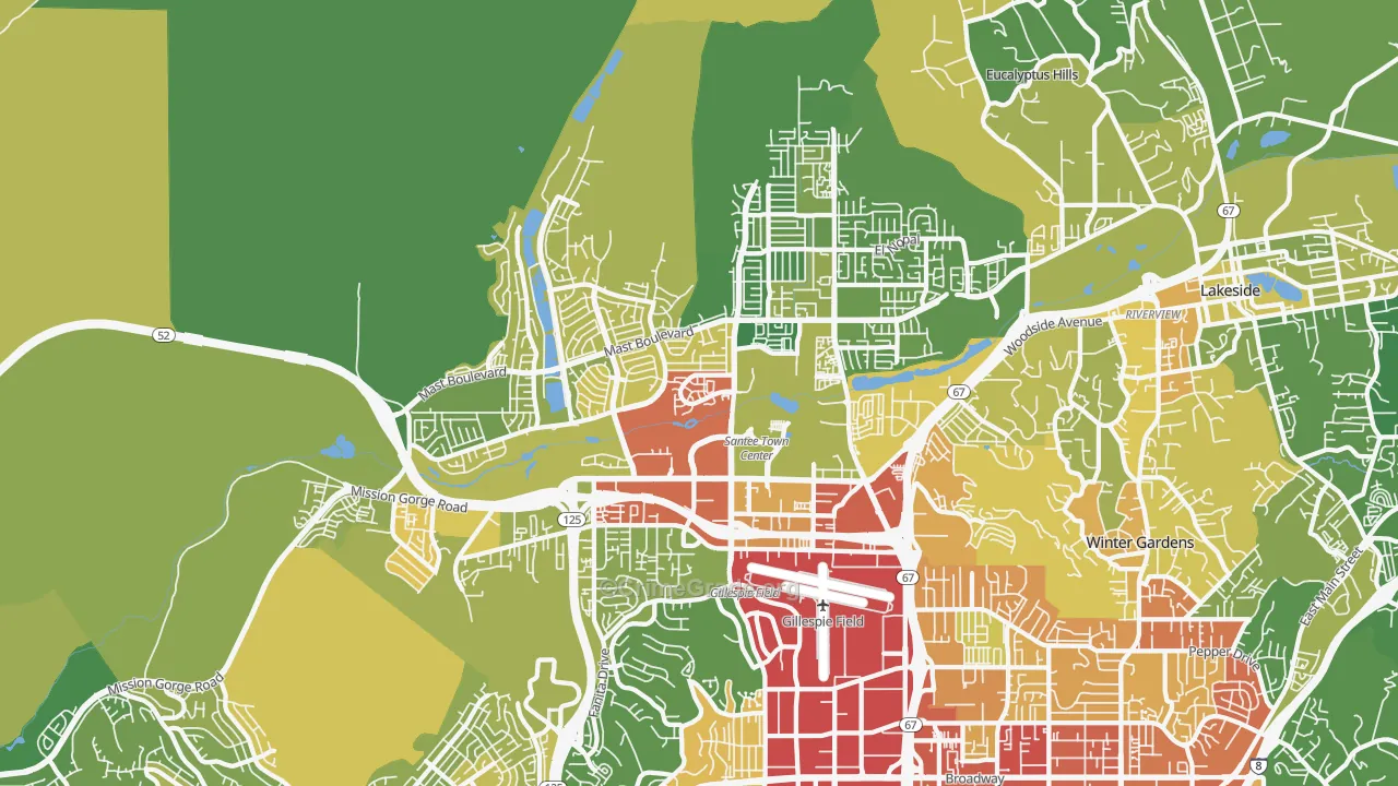 Santee, CA Map of Vehicle Theft Rates
