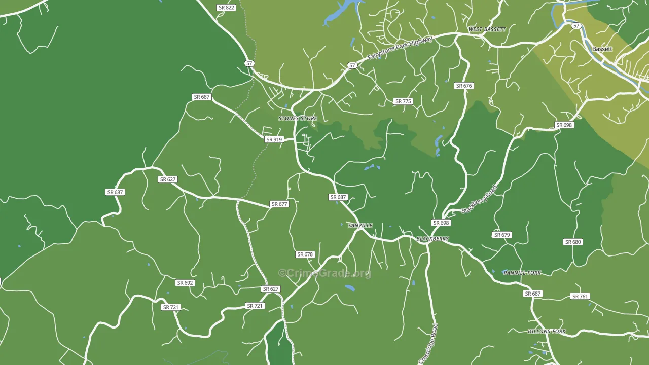 Sanville, VA Map of Vehicle Theft Rates