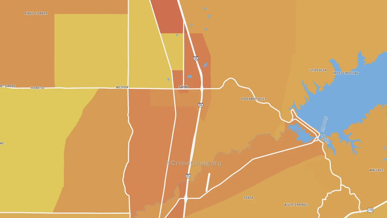 Sardis, MS Map of Vehicle Theft Rates