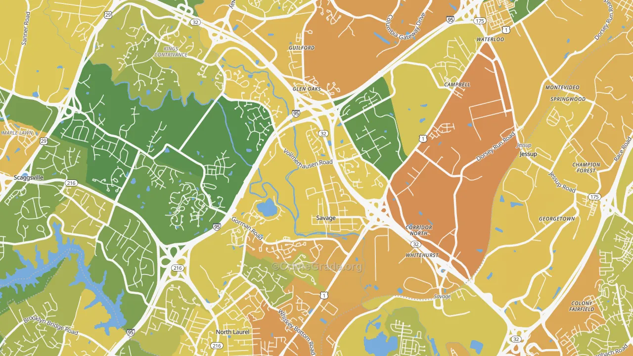 Savage-Guilford, Laurel, MD Map of Vehicle Theft Rates