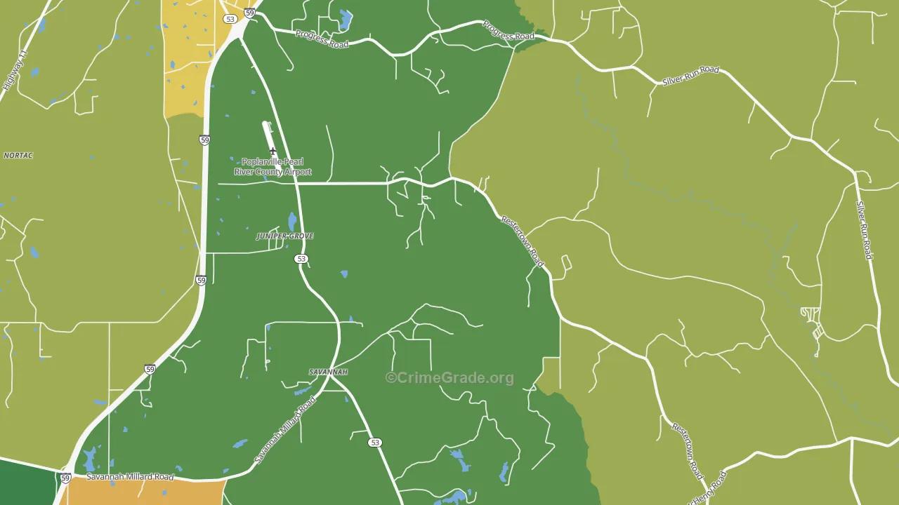 Savannah, MS Map of Vehicle Theft Rates