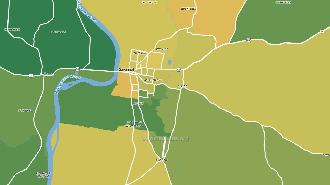 Savannah, TN Map of Vehicle Theft Rates