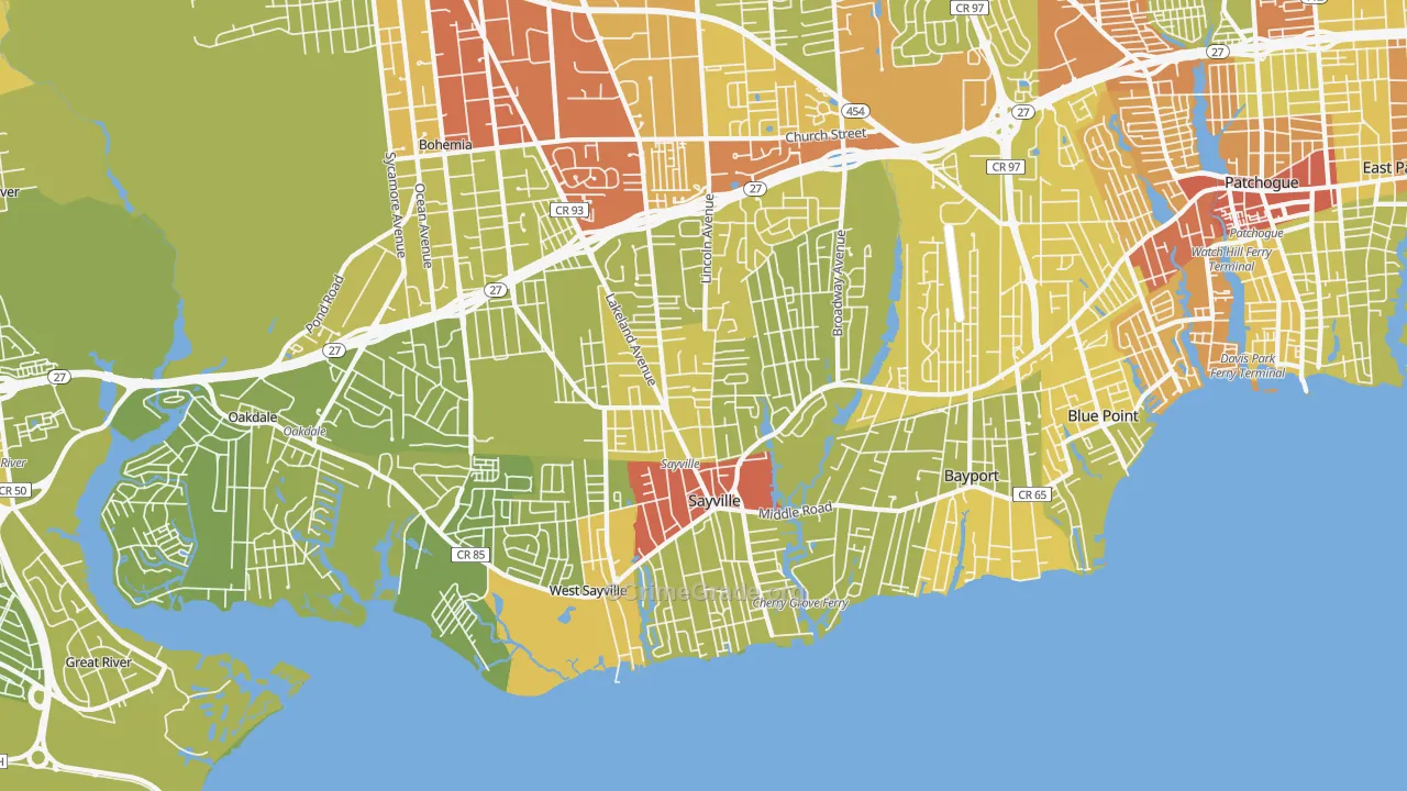 Sayville, NY Map of Vehicle Theft Rates