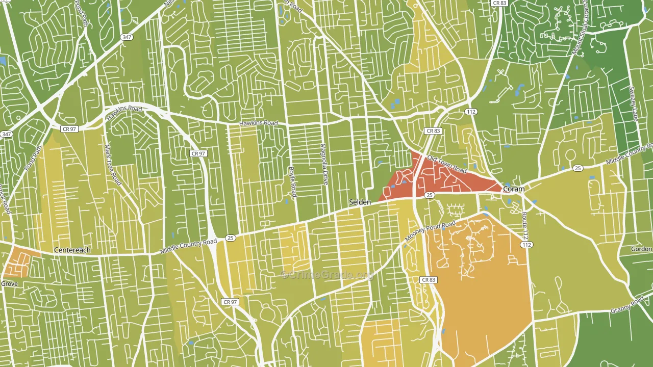 Selden, NY Map of Vehicle Theft Rates