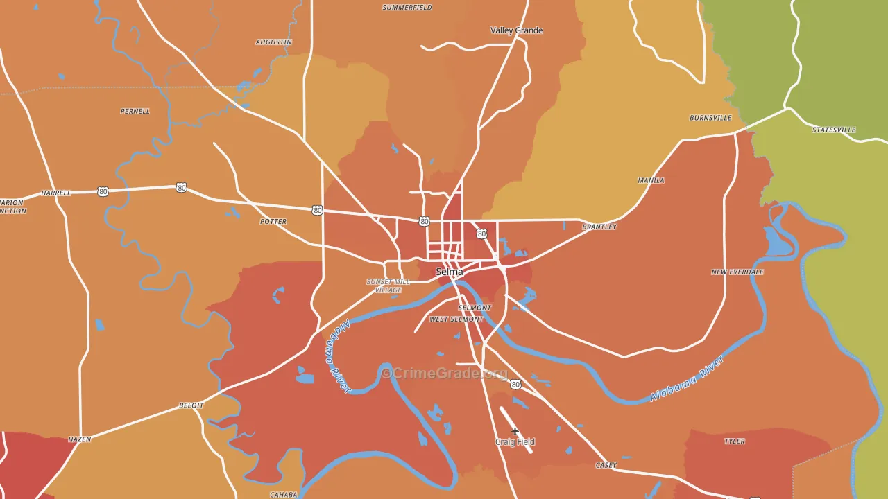 Selma, AL Map of Vehicle Theft Rates