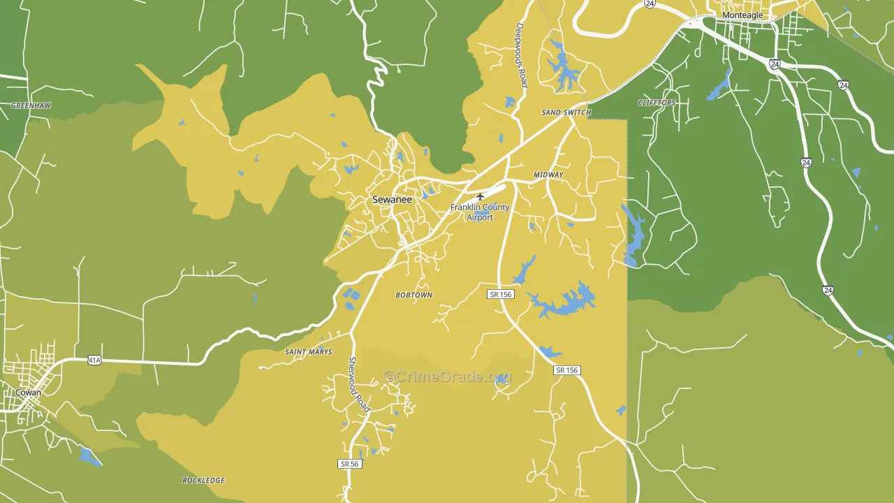 Sewanee, TN Map of Vehicle Theft Rates