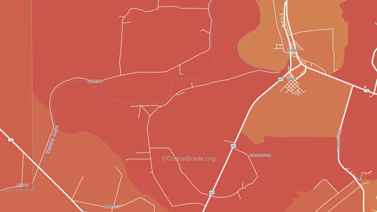 Shackleford, MS Map of Vehicle Theft Rates