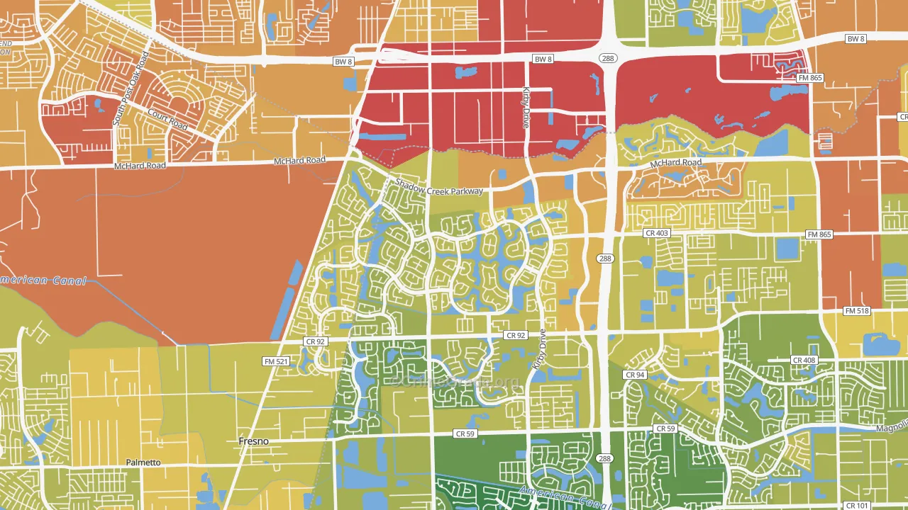 Shadow Creek Ranch, Pearland, TX Map of Vehicle Theft Rates