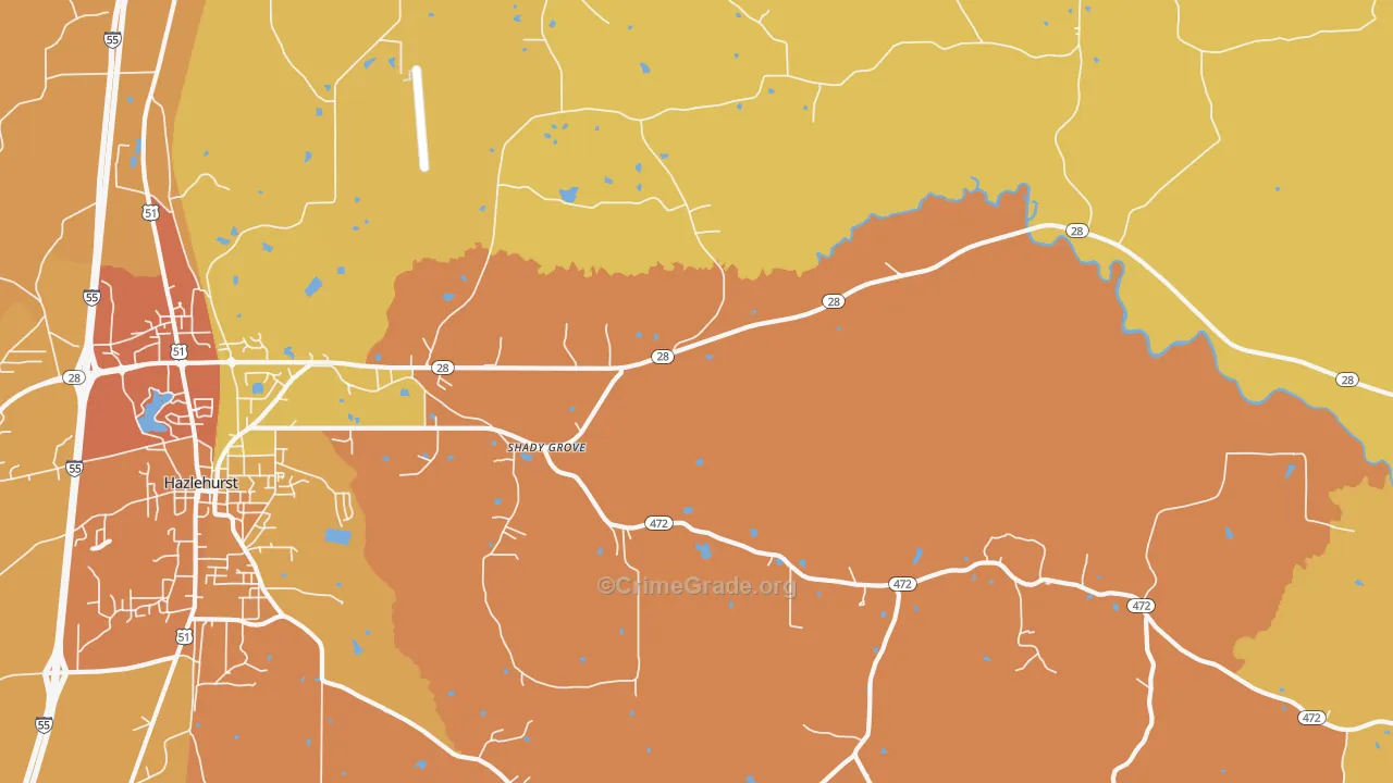 Shady Grove, MS Map of Vehicle Theft Rates