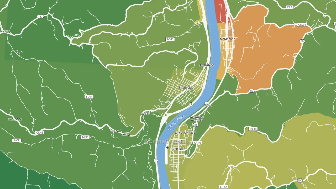 Shadyside, OH Map of Vehicle Theft Rates