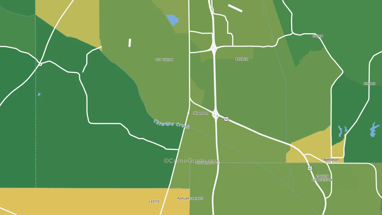 Shannon, MS Map of Vehicle Theft Rates
