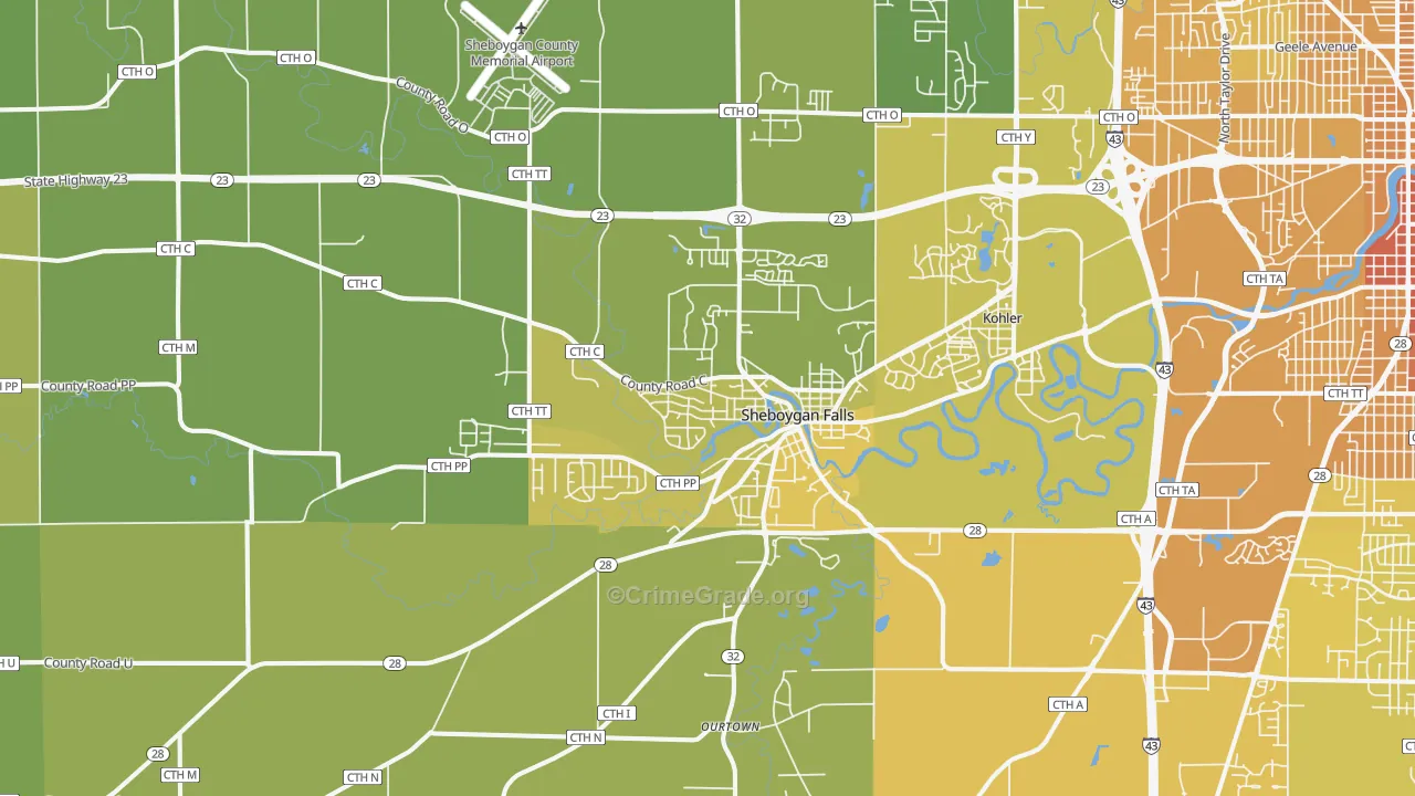 Sheboygan Falls, WI Map of Vehicle Theft Rates