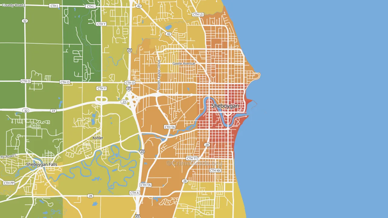 Sheboygan, WI Map of Vehicle Theft Rates