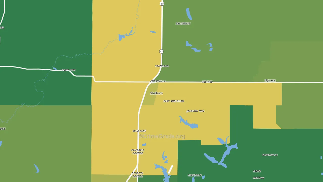 Shelburn, IN Map of Vehicle Theft Rates
