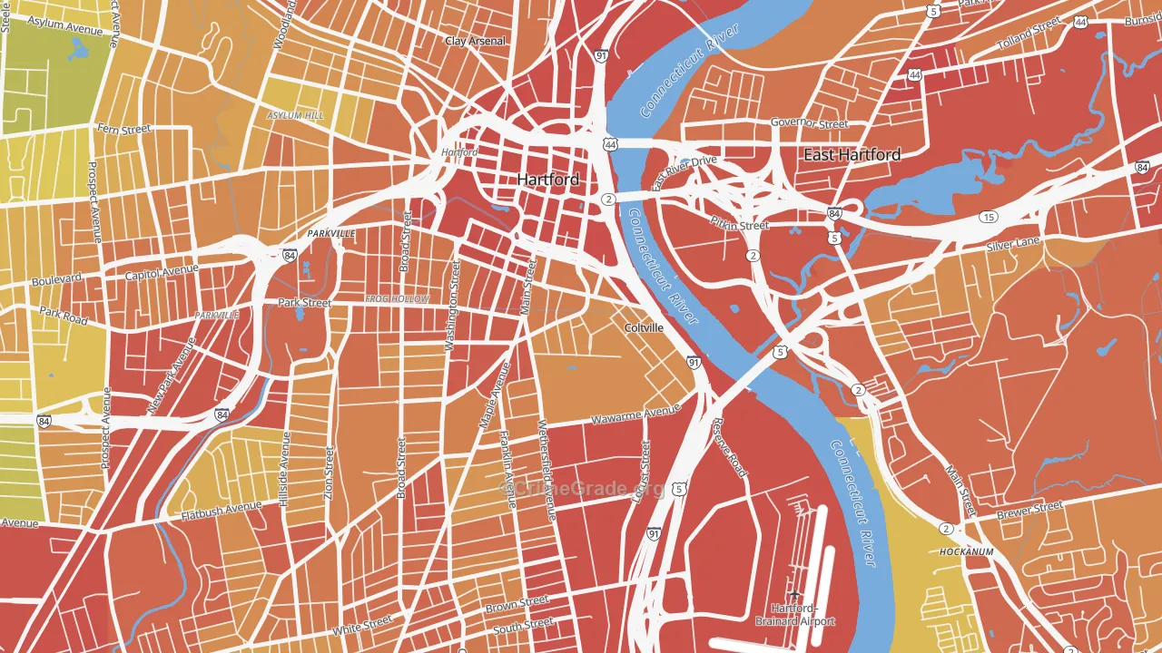 Sheldon Charter Oak, Hartford, CT Map of Vehicle Theft Rates