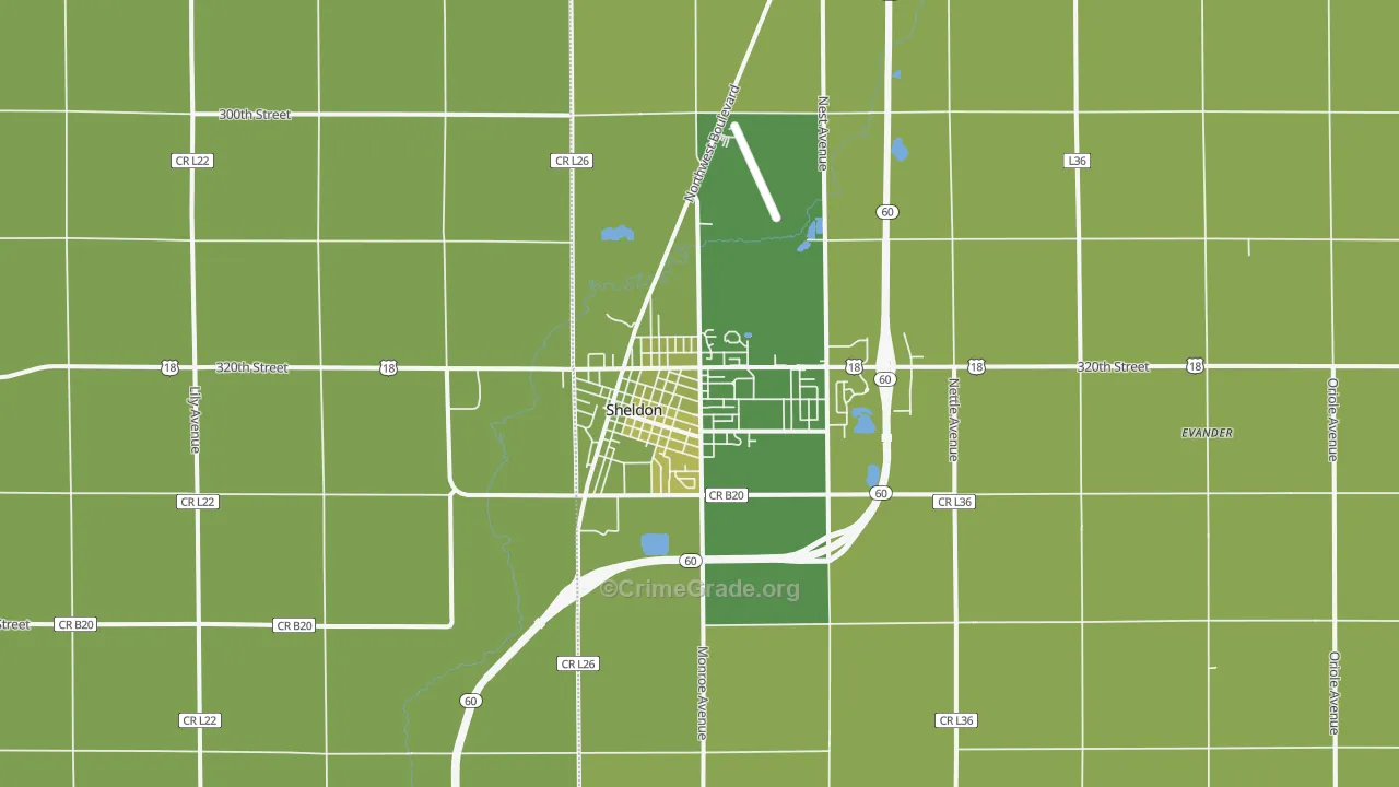 Sheldon, IA Map of Vehicle Theft Rates