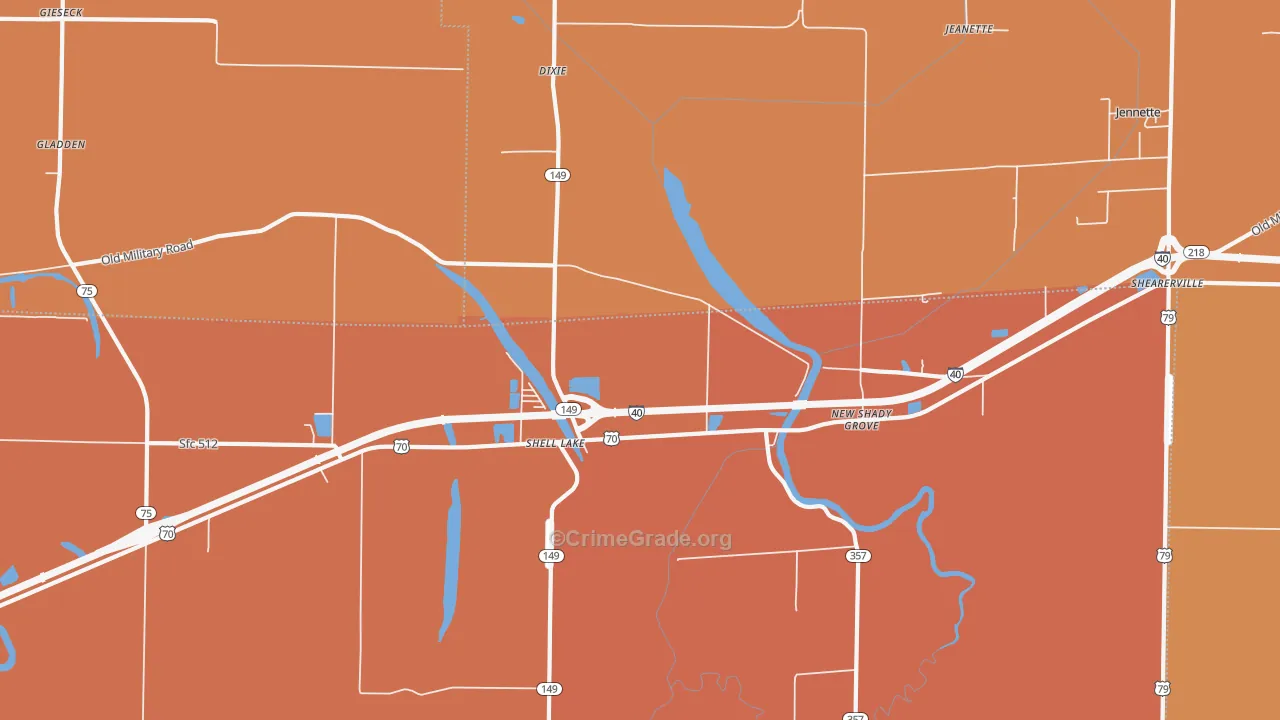 Shell Lake, AR Map of Vehicle Theft Rates