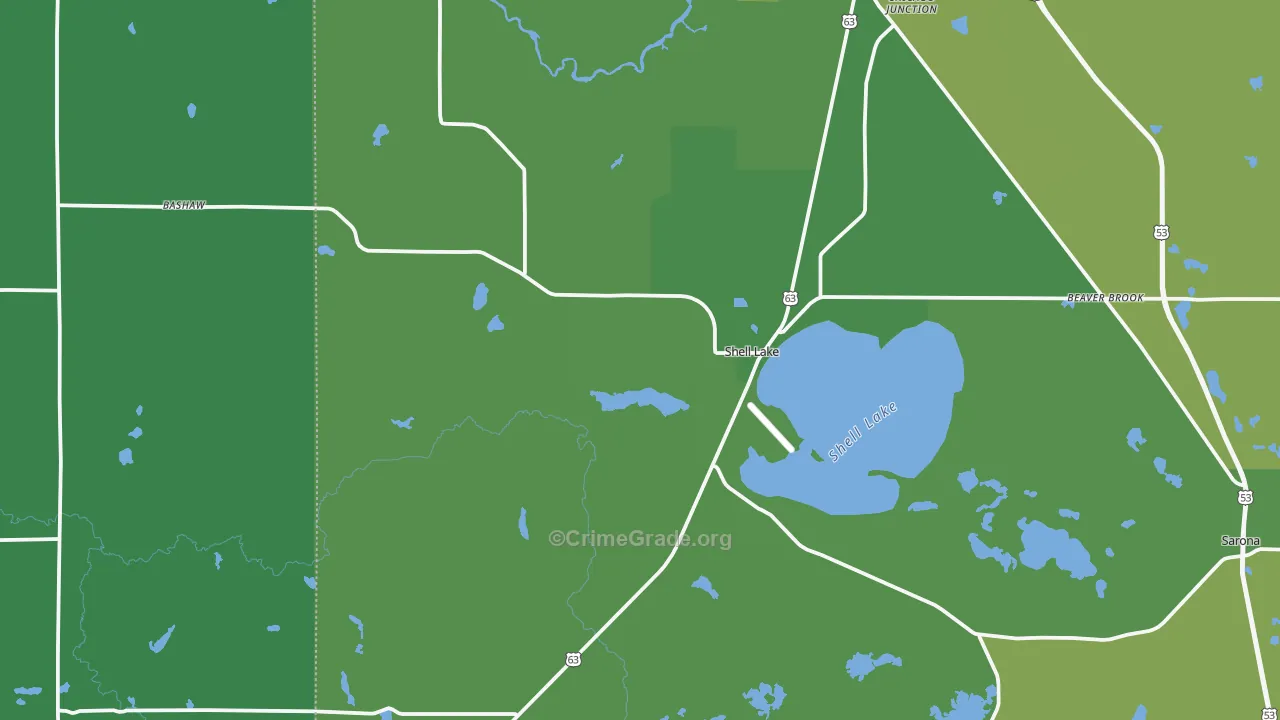 Shell Lake, WI Map of Vehicle Theft Rates