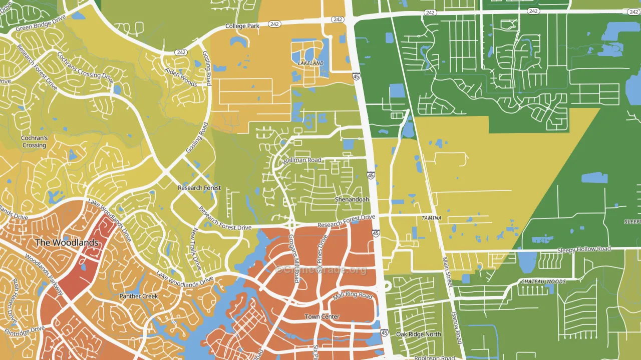 Shenandoah, TX Map of Vehicle Theft Rates