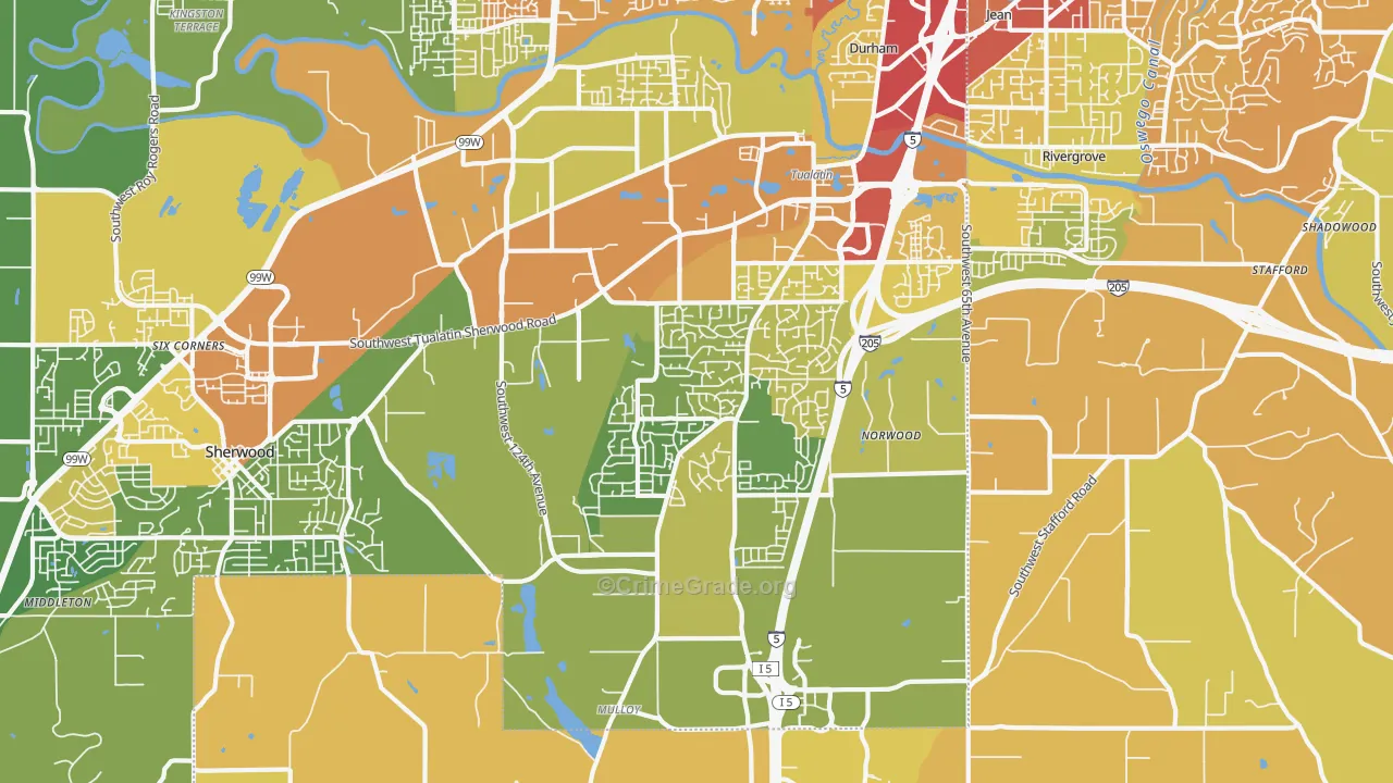 Sherwood-Tualatin South, Tualatin, OR Map of Vehicle Theft Rates