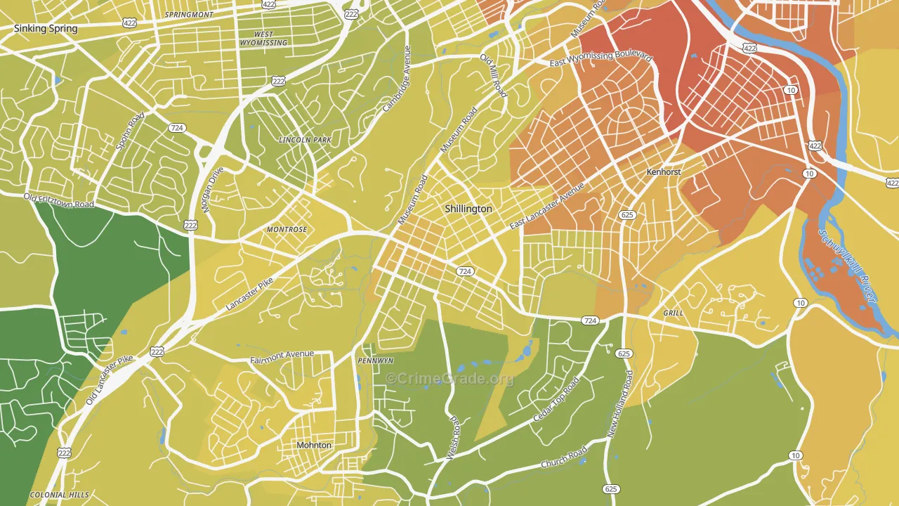 Shillington, PA Map of Vehicle Theft Rates