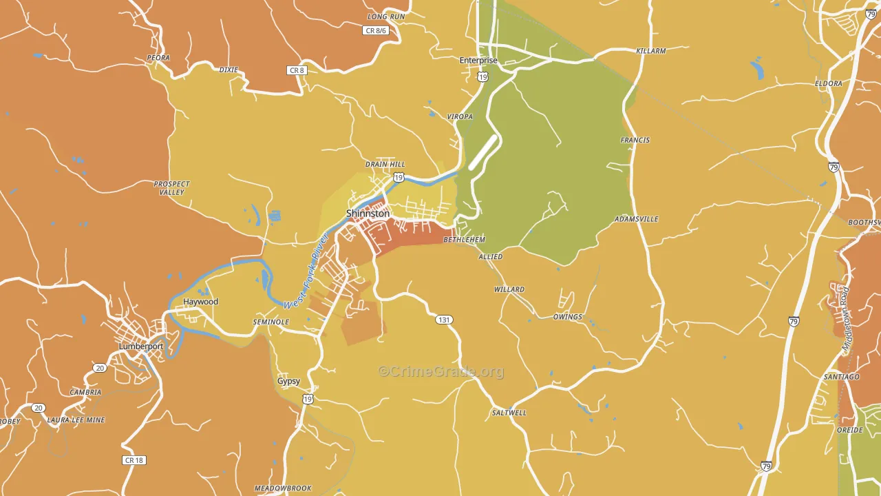 Shinnston, WV Map of Vehicle Theft Rates