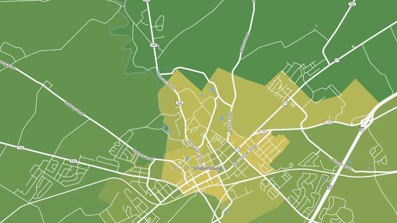 Shippensburg University, PA Map of Vehicle Theft Rates