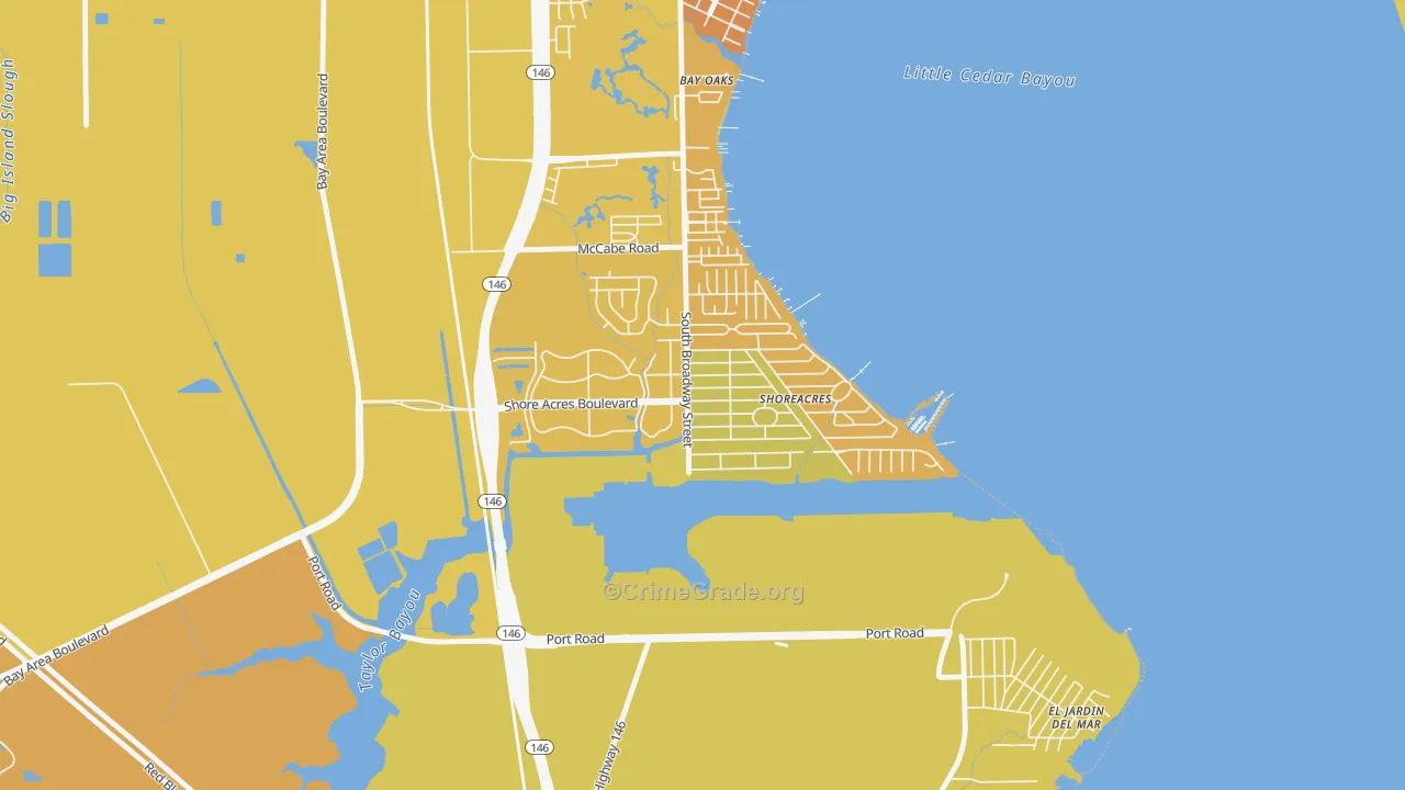 Shoreacres, TX Map of Vehicle Theft Rates