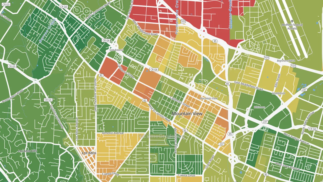 Shoreline West, Mountain View, CA Map of Vehicle Theft Rates