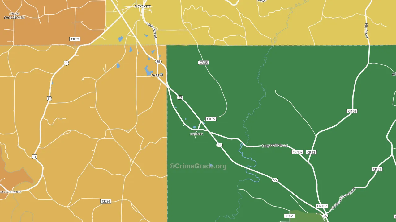 Shreve, AL Map of Vehicle Theft Rates