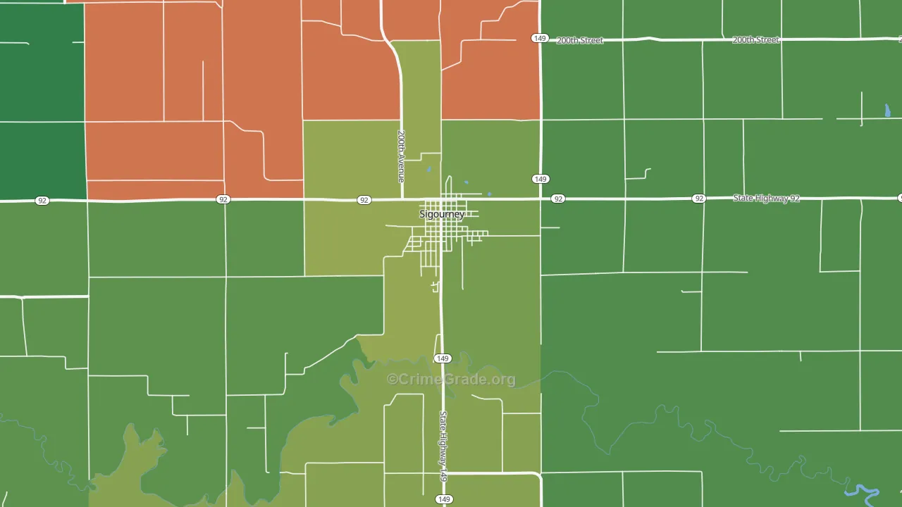 Sigourney, IA Map of Vehicle Theft Rates