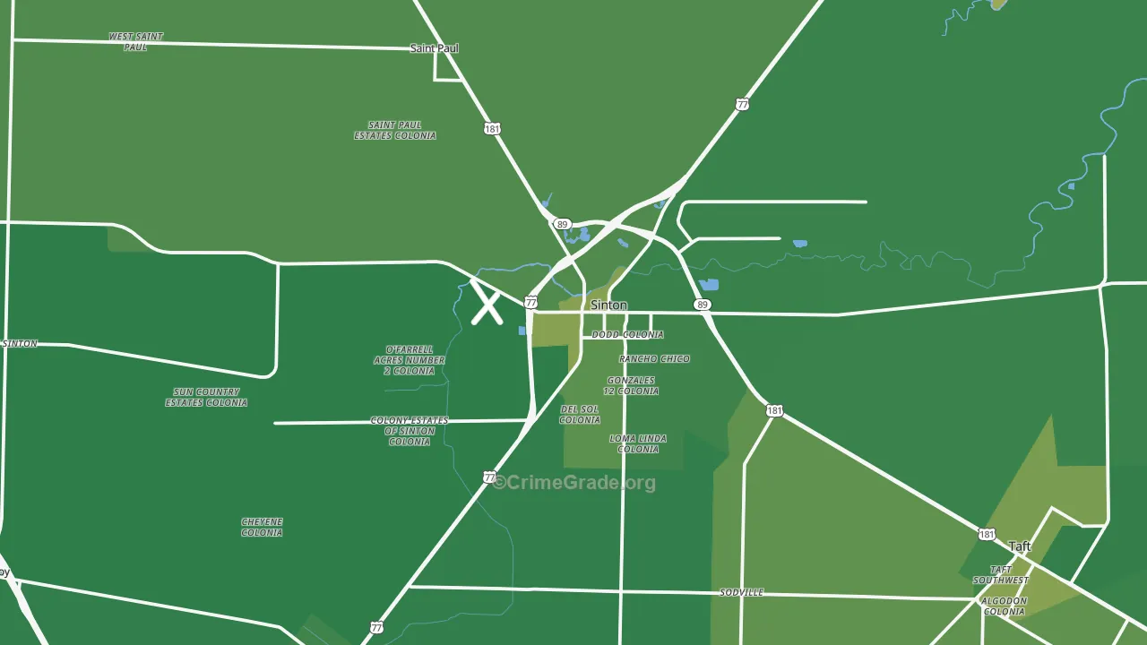 Sinton, TX Map of Vehicle Theft Rates