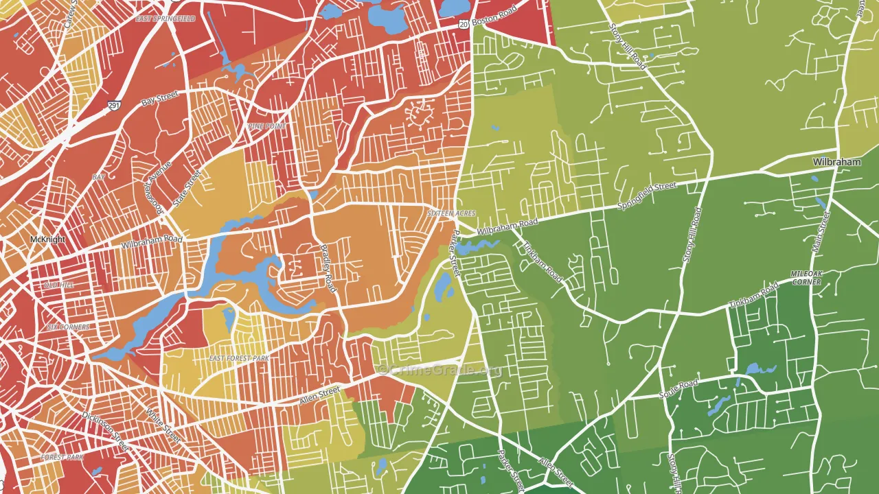 Sixteen Acres, Springfield, MA Map of Vehicle Theft Rates