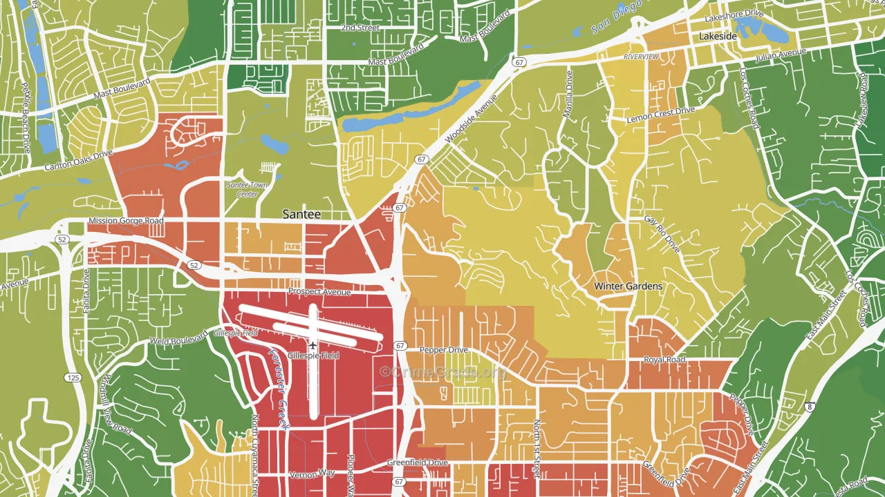 Sky Ranch, Santee, CA Map of Vehicle Theft Rates