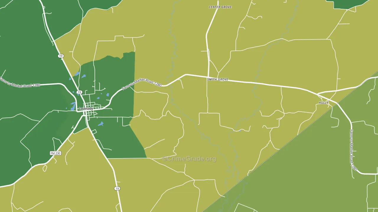 Smith Grove, TX Map of Vehicle Theft Rates