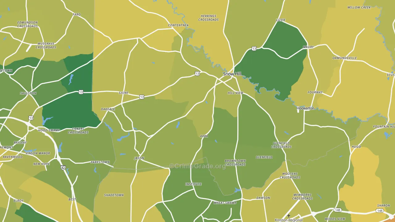 Snow Hill, NC Map of Vehicle Theft Rates