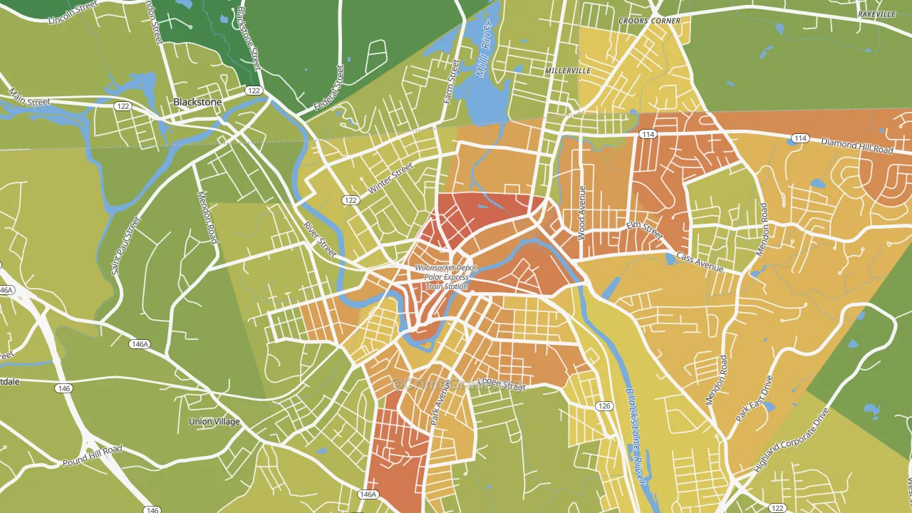 Social, Woonsocket, RI Map of Vehicle Theft Rates