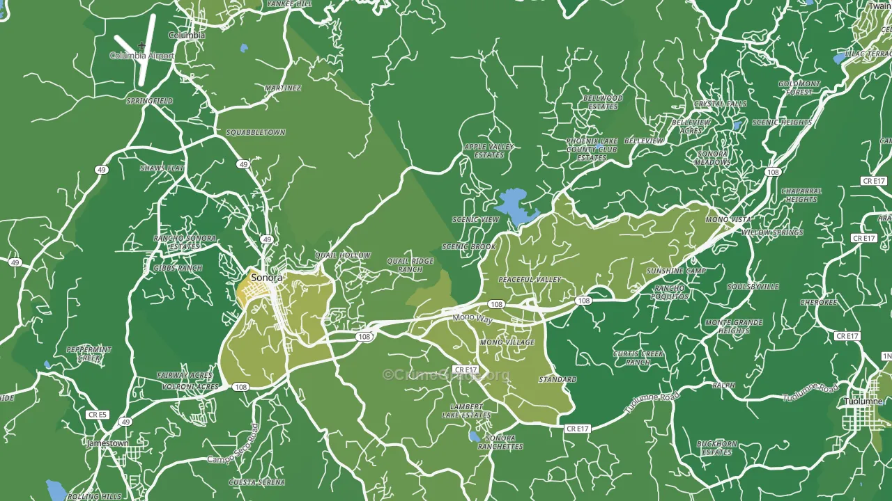 Sonora, CA Map of Vehicle Theft Rates