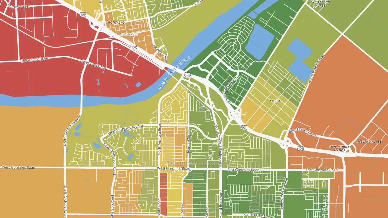 South Bank, Oxnard, CA Map of Vehicle Theft Rates