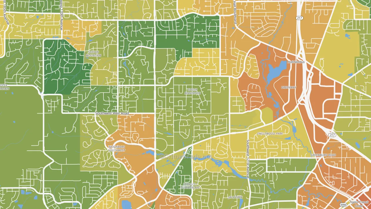South Beaverton, Beaverton, OR Map of Vehicle Theft Rates