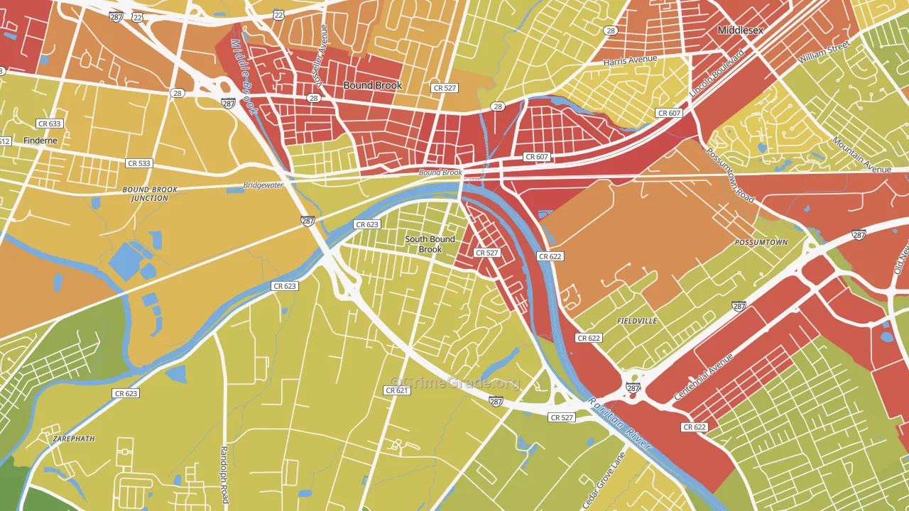 South Bound Brook, NJ Map of Vehicle Theft Rates