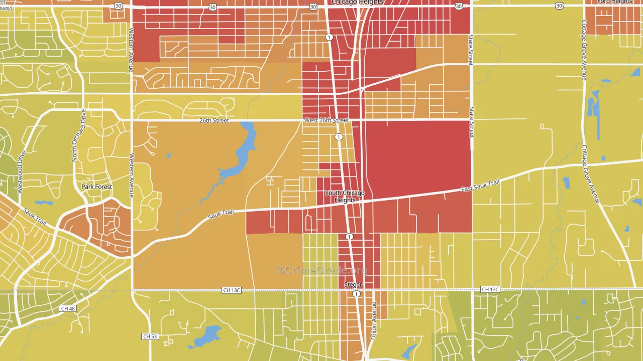 South Chicago Heights, IL Map of Vehicle Theft Rates
