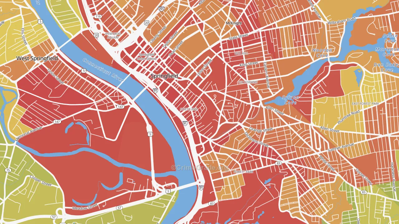 South End Springfield, Springfield, MA Map of Vehicle Theft Rates