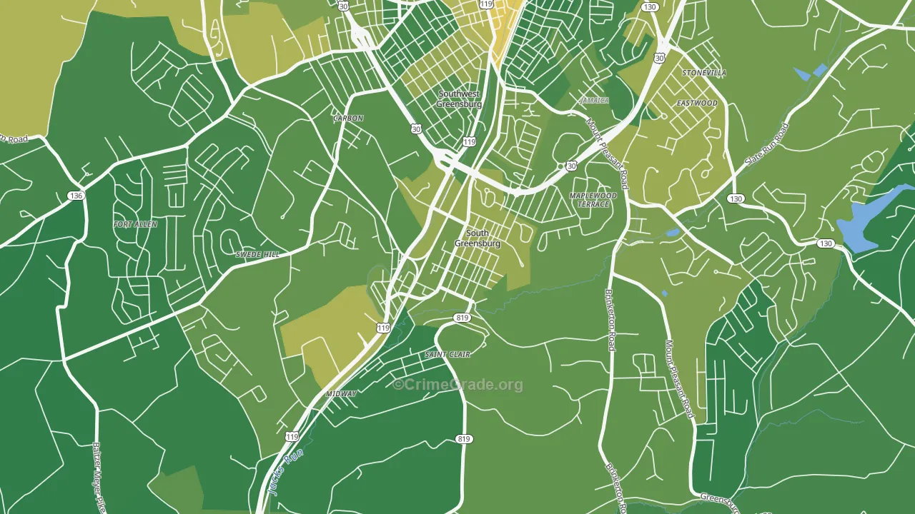 South Greensburg, PA Map of Vehicle Theft Rates
