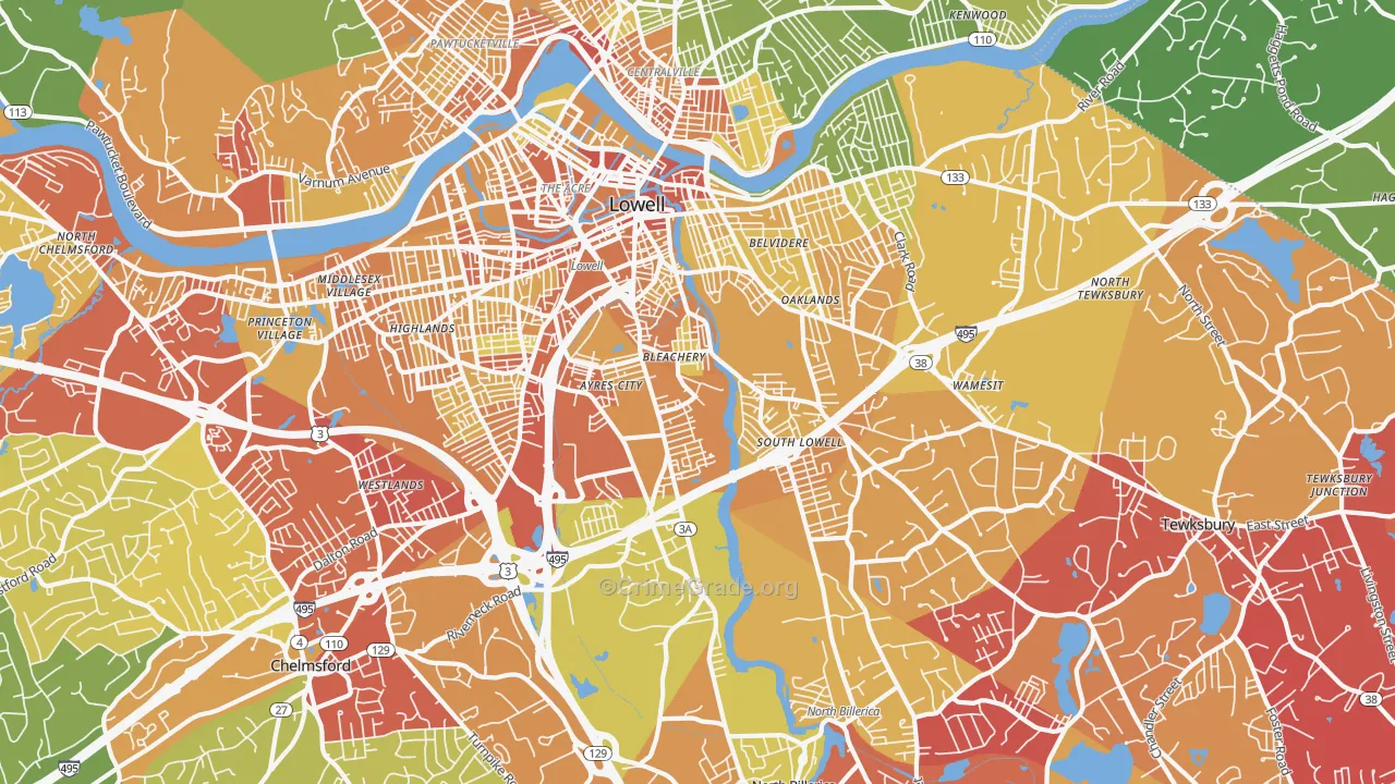 South Lowell, Lowell, MA Map of Vehicle Theft Rates