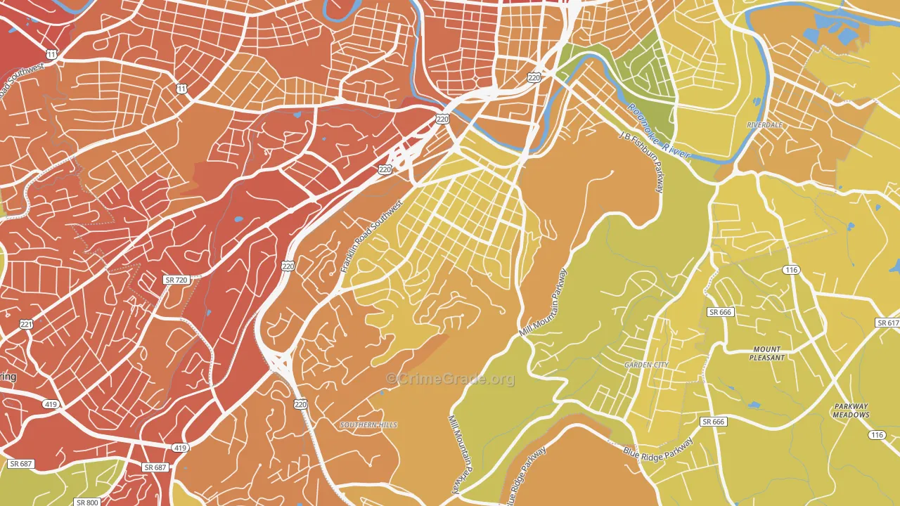 South Roanoke, Roanoke, VA Map of Vehicle Theft Rates