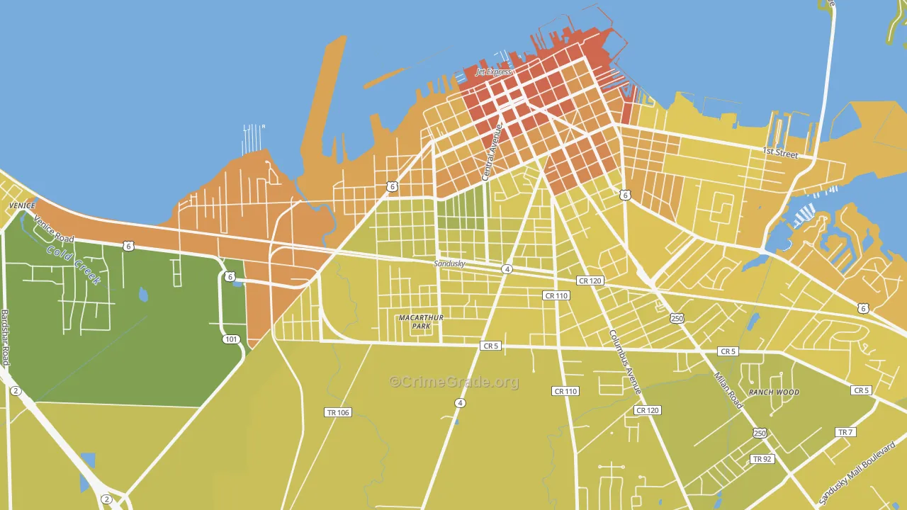 South Side, Sandusky, OH Map of Vehicle Theft Rates
